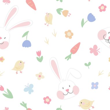 Vector hand drawn Easter seamless pattern with cute bunnies, chicken and flowers