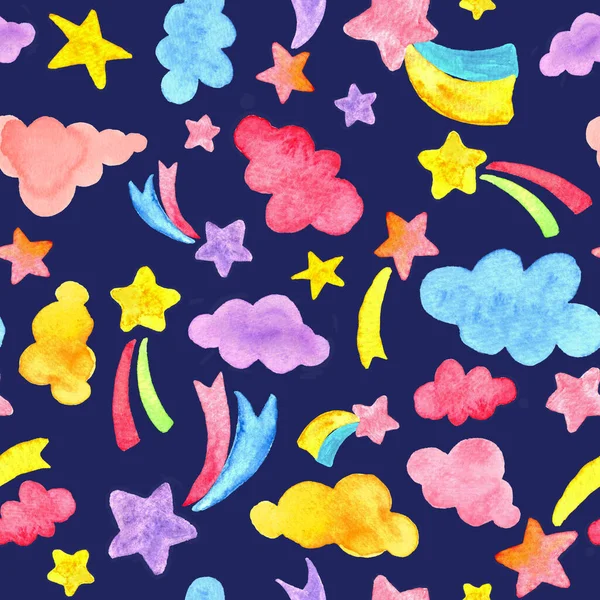 Acuarela Shooting Stars coloridas nubes pintadas a mano patrón sin costuras —  Fotos de Stock
