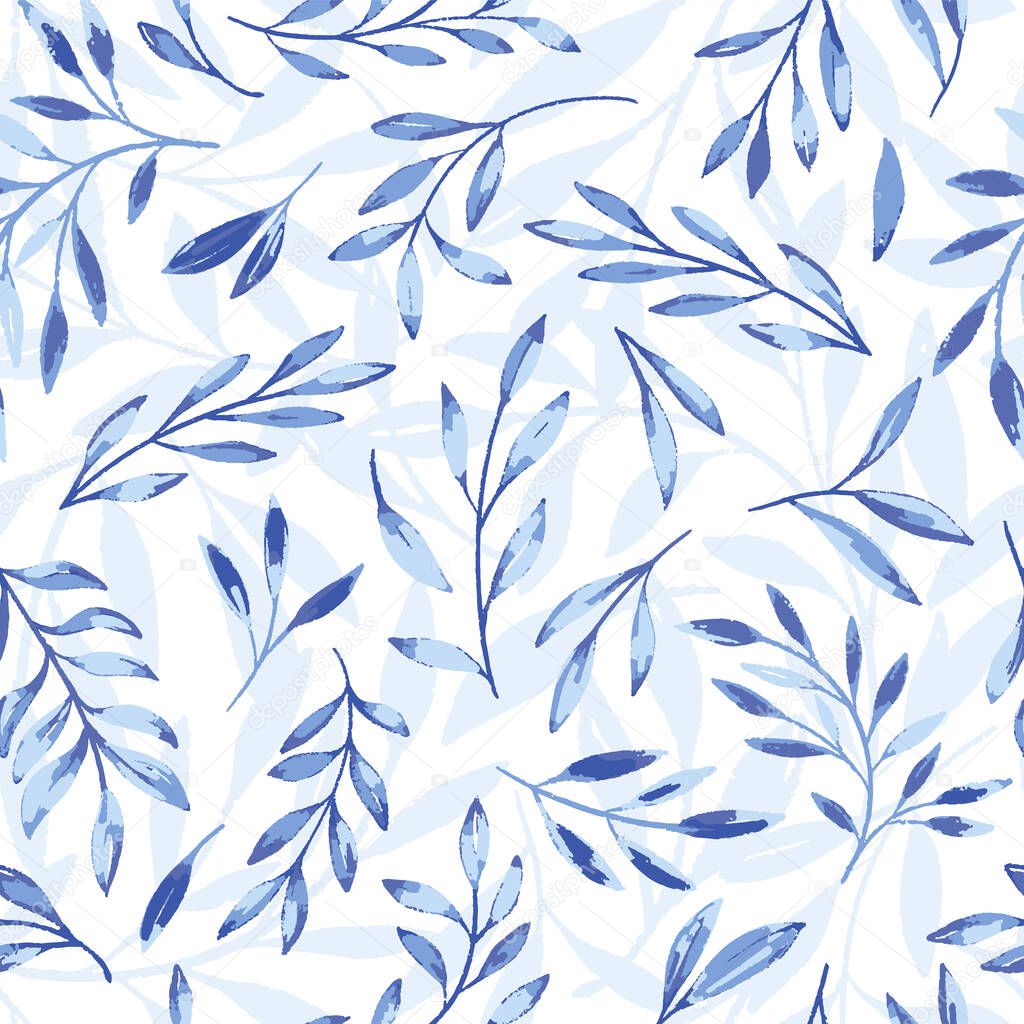 Vector Blue Gouache Textured Leaves with Shadow Seamless Pattern