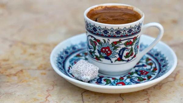 Cup Turkish Coffee Marble Table Traditional Ottoman Motif Cup Turkish — Stock Photo, Image