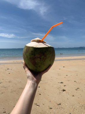 Boş kumsalda genç hindistan cevizi içecekleriyle el ele tutuşuyorlar. Sahildeki kadın. Cennette tatil. Tropik plaj.