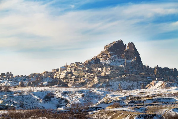 Uchisar Castle in winter, Cappadocia. — Stock Photo, Image