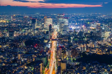 Tokyo 'nun gökdelen manzarası, panorama gökdelenleri akşam Tokyo' daki ofis binası ve şehir merkezi manzarası. Japonya, Asya.