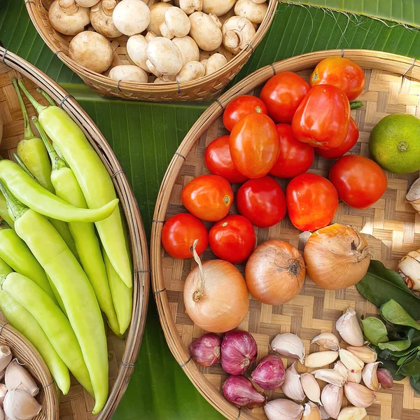 Organic Food Background Vegetables Wooden Tray Stock Photo