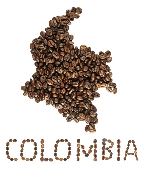 Map Colombia Made Roasted Coffee Beans Isolated White Background World — Stock Photo, Image