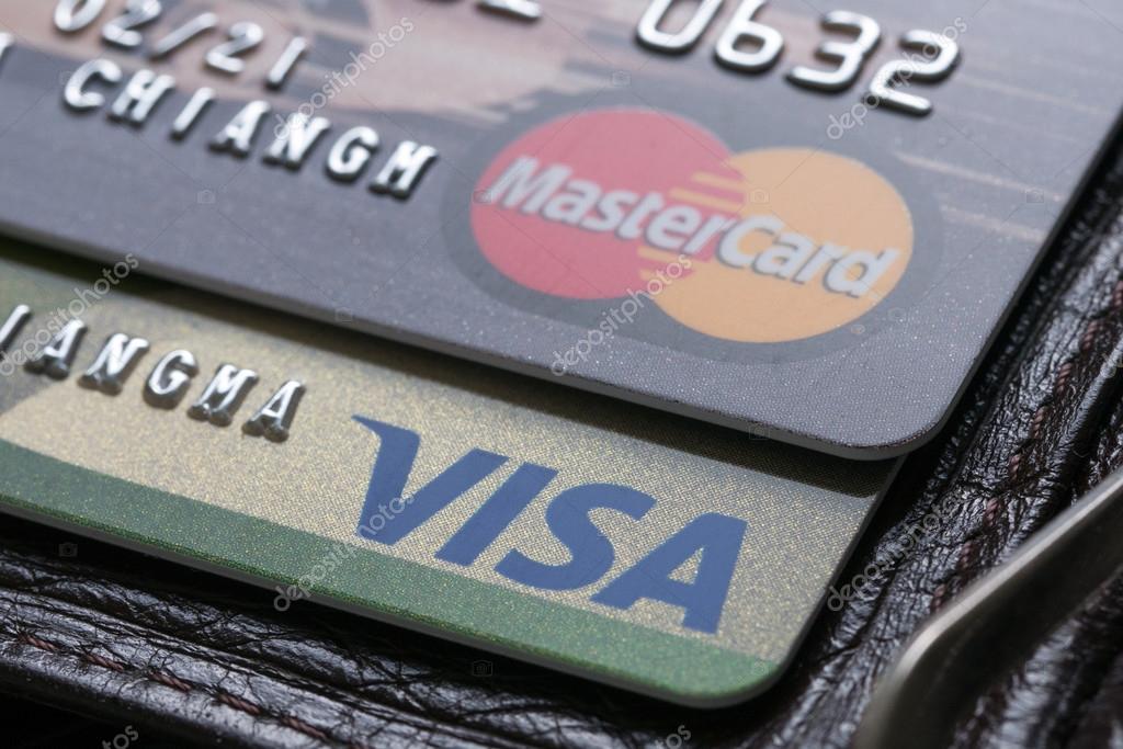 Bangkok, Thailand 25 feb 2016, close up of credit cards , master card, VISA and american express in the leather wallet , product shot