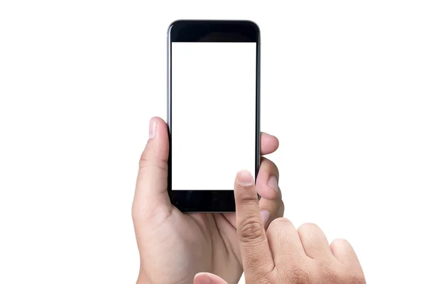Izolowana żeńska dłoń trzymająca telefon z białym ekranem — Zdjęcie stockowe