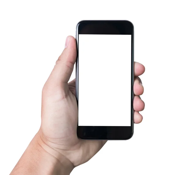 Mano masculina aislada sosteniendo un teléfono con pantalla blanca — Foto de Stock