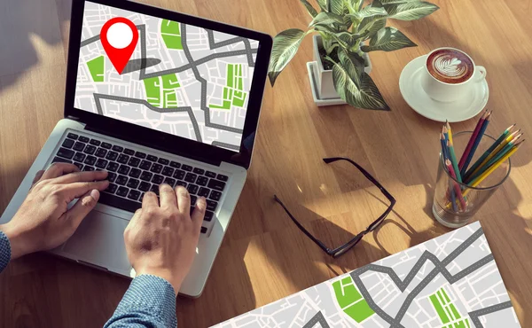 GPS Map to Route Destination Location,Street Map with GPS Icons — Stock Photo, Image