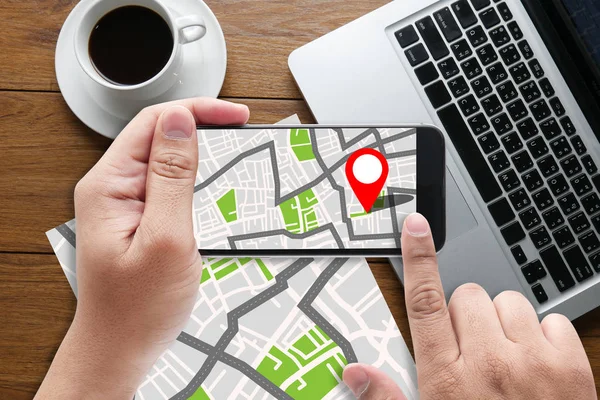 GPS kaart voor het routeren van de doellocatie, stratenplan met Gps pictogrammen — Stockfoto