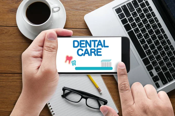 DENTAL CUIDADOS Clínica odontológica Logotipo, símbolos de cuidados dentários — Fotografia de Stock
