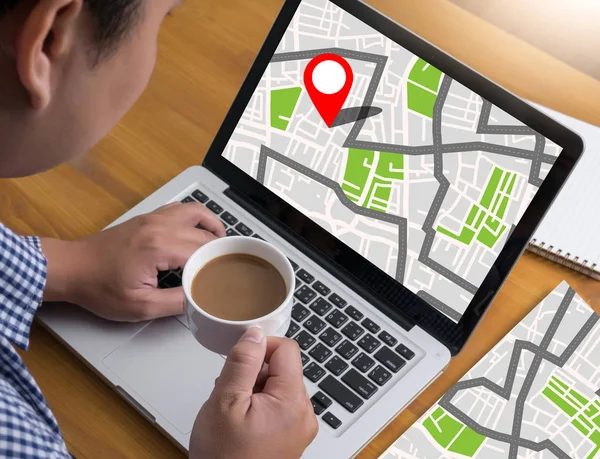 GPS kaart voor het routeren van de doellocatie, stratenplan met Gps pictogrammen — Stockfoto