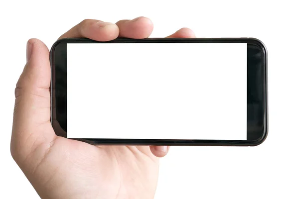 Mano femenina aislada sosteniendo un teléfono con pantalla blanca — Foto de Stock