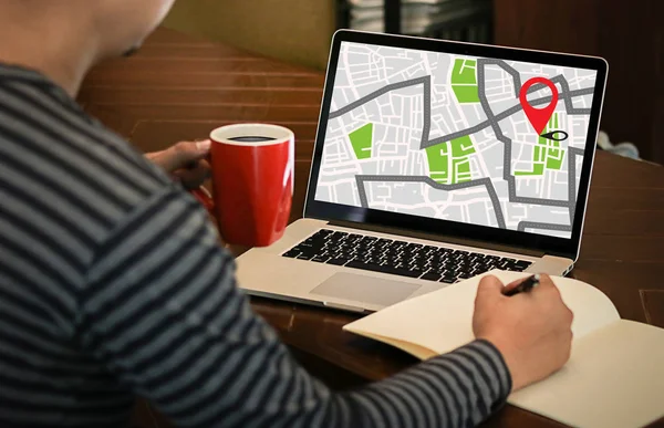 GPS Map to Route Destination Location, Mapa de rua com ícones GPS , — Fotografia de Stock