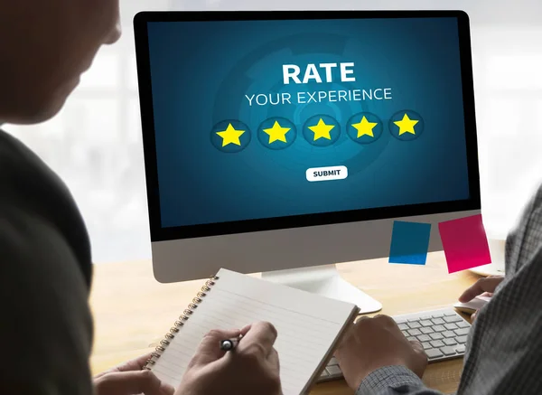 Businessman holding five star rating  Review increase rating or