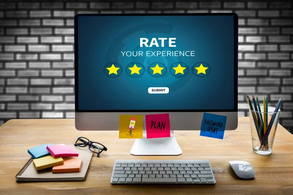 Businessman holding five star rating  Review increase rating or — Stock Photo, Image