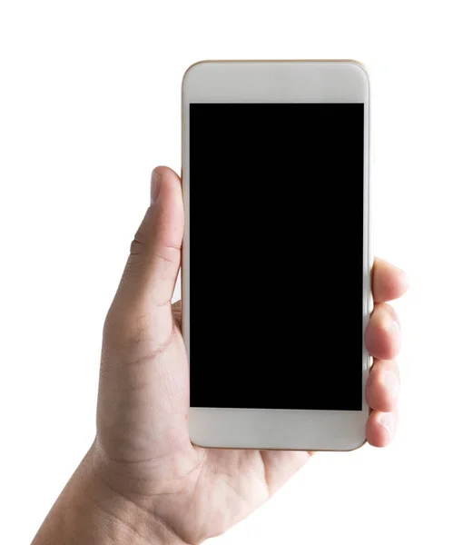 Mano aislada sosteniendo un teléfono con pantalla blanca de teléfono inteligente — Foto de Stock