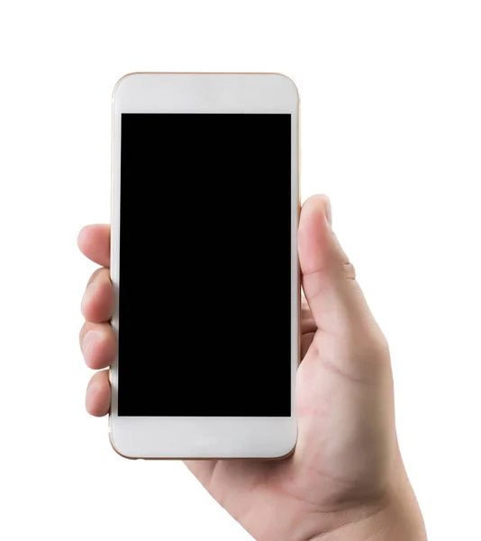 Człowiek za pomocą izolowanych ręki trzymającej telefon jest wyposażony w inteligentny telefon biały scr — Zdjęcie stockowe