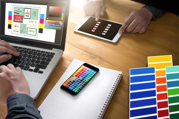 Creative Designer Graphic at work. Color swatch samples, Illustr — Stock Photo, Image