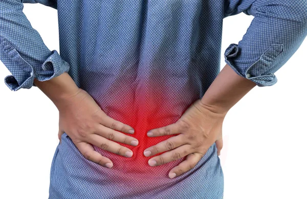 Hombre que sufre de dolor de espalda dolor de espalda concepto de alivio del dolor —  Fotos de Stock