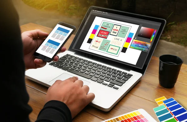 Kreativ Designer Graphic på jobbet. Color swatch prover, Illustr — Stockfoto