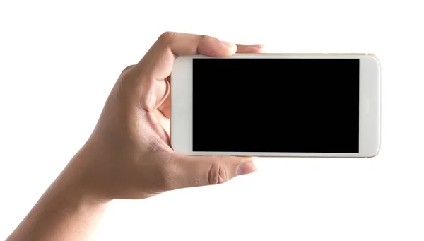 Mano aislada sosteniendo un teléfono con pantalla blanca de teléfono inteligente — Foto de Stock
