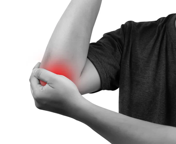 Homem sentindo a dor nos ossos do cotovelo lesão e dor no braço — Fotografia de Stock