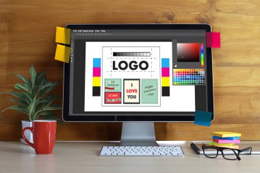 Yaratıcı tasarımcı grafik iş başında. Renk renk örneği örnekleri, Illustr