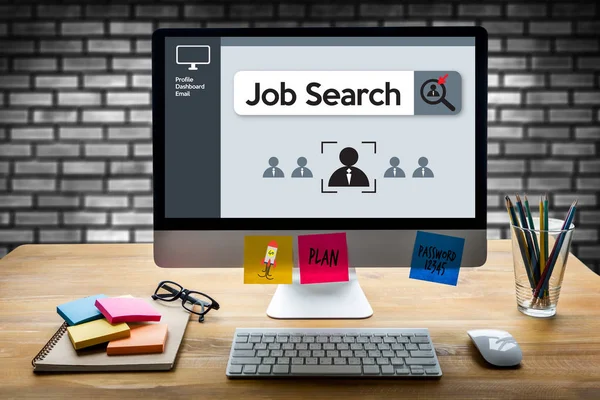 Job Search zakenman Internet Online samen met ons — Stockfoto