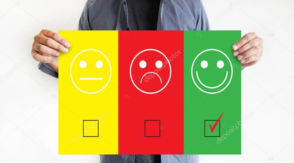 business man and woman select happy on satisfaction evaluation? 