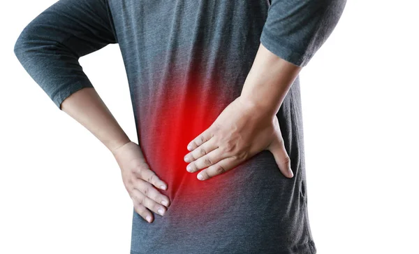 Joven Sensación de sufrimiento Dolor de espalda baja Alivio del dolor cóncavo —  Fotos de Stock