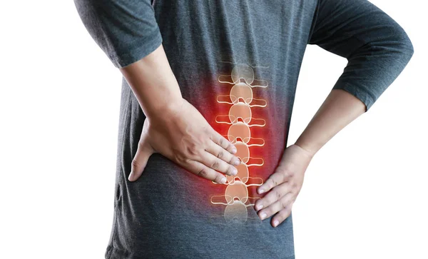 Joven Sensación de sufrimiento Dolor de espalda baja Alivio del dolor cóncavo —  Fotos de Stock