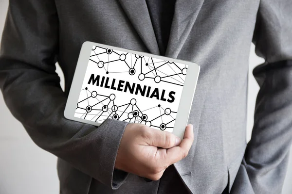MILLENNIALS CONCEPT Business team hands at work with financial r — Stock Photo, Image