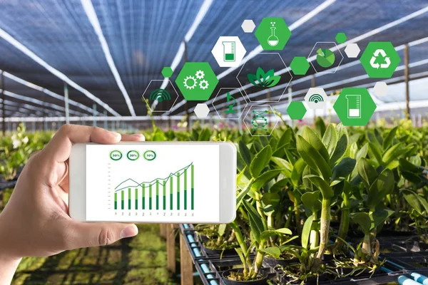 Návrh technologie zemědělství muž agronom pomocí tabletu Int — Stock fotografie