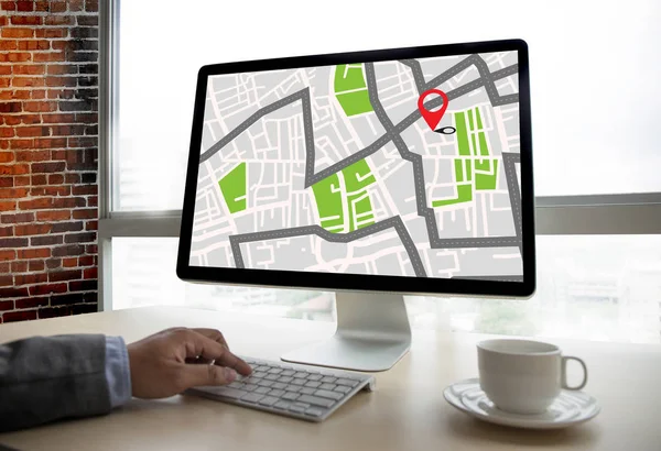 Peta GPS ke Route Destination koneksi jaringan Lokasi Street — Stok Foto