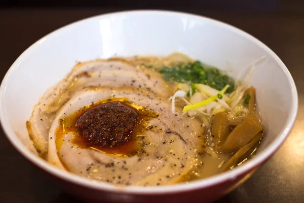 Ramen on table japanese tonkotsu ramen, pork bone broth noodles — Stock Photo, Image