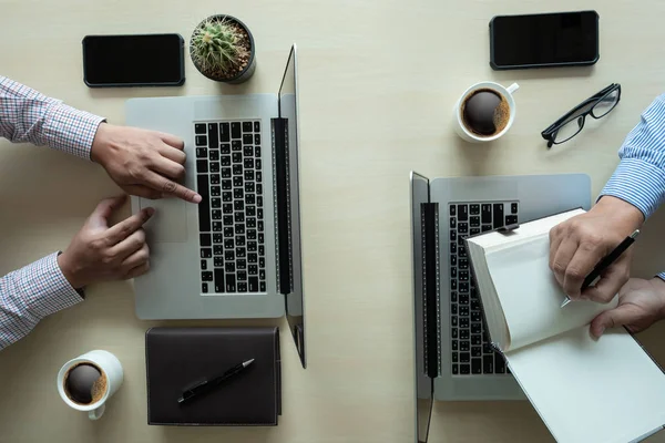 Overhead View top view man Working Desk Concept