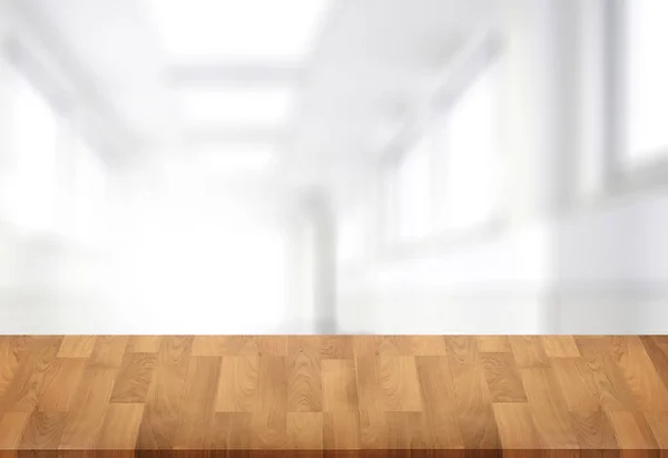 Drewniana deska pustą tabelę okno niewyraźne tło może być używany — Zdjęcie stockowe
