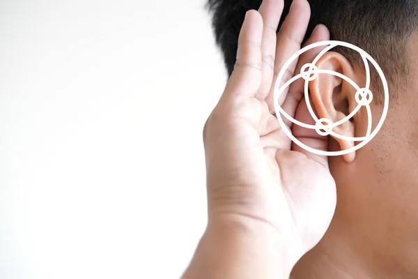 Young man hearing loss  sound waves simulation technology Hear