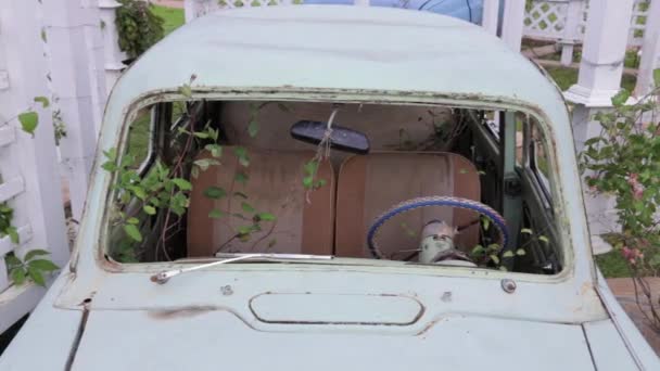 Abandonado coche roto cubierto de tierra y vegetación cerca — Vídeos de Stock