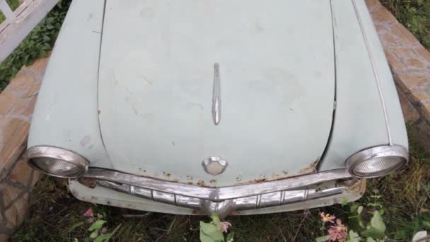 Opuštěné rozbité auto pokryté hlínou a zelení poblíž — Stock video
