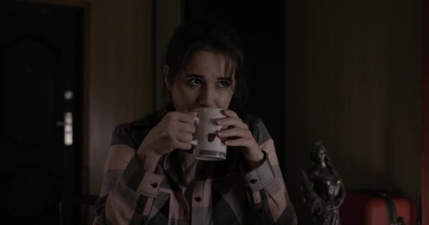 Sad depressed beautiful female drinking — 비디오