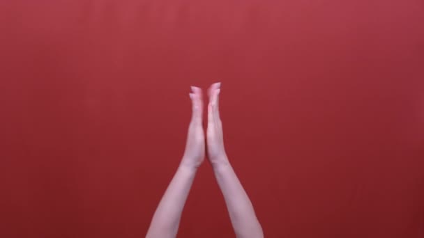 Woman hands clapping applause red background in studio — 비디오