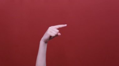Telif alanını işaret eden bir kadın stüdyoda kırmızı arka planda izole edilmiş. Reklam için boşluk kopyala