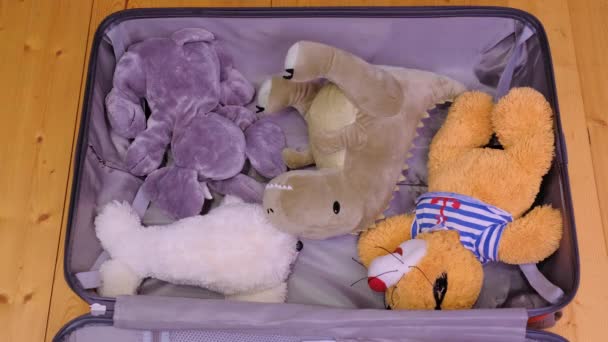 A woman puts toys in a suitcase for travel — Stock Video
