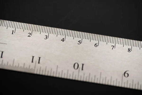 Metal Ruler Black Leather Isolated Background Black Numbers Scale Show — Stock Photo, Image