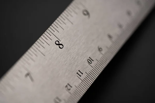 Metal Ruler Black Leather Isolated Background Black Numbers Scale Show — Stock Photo, Image