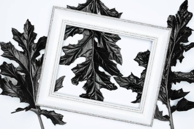 Beyaz arkaplanda siyah yapraklı boş bir beyaz fotoğraf çerçevesi.