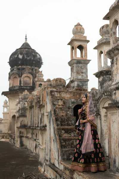 Beautiful south east asian girl in traditional Indian sari/saree on temple background.