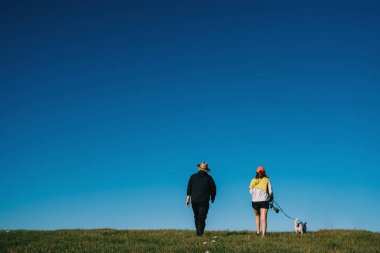 Parkta bir köpekle gezen çekici genç Oamaru, Yeni Zelanda.